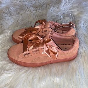 Puma girl’s size 6.5C baby pink suede with satin laces athletic shoes